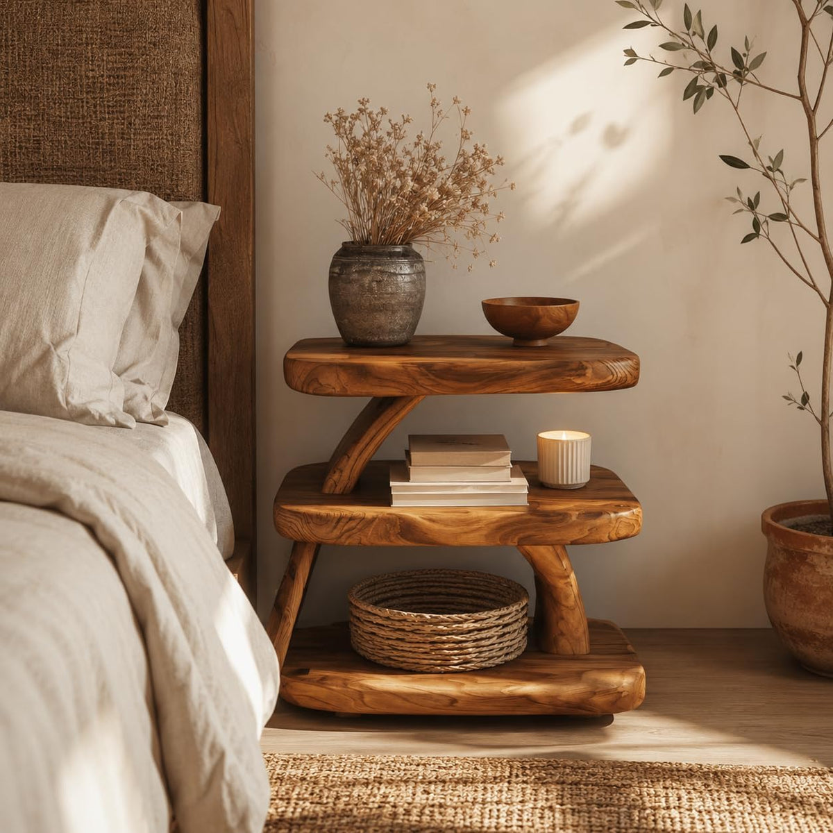Rustic Solid Wood Nightstand - 3 Shelves