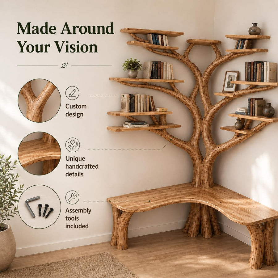 Handcrafted Live Edge Tree Branch Bookshelf with Bench