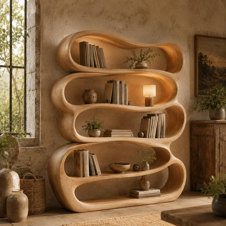 Solid Wood Organic Curved Bookshelf and Room Divider
