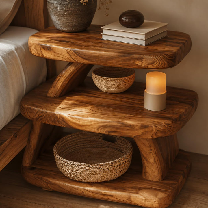 Rustic Solid Wood Nightstand - 3 Shelves