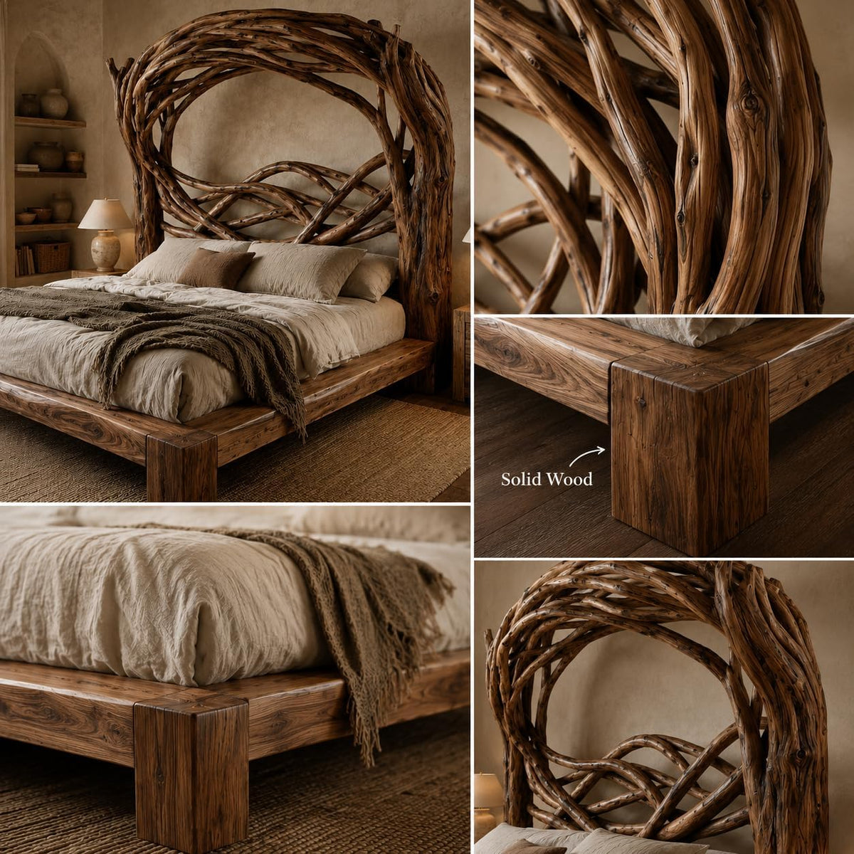 Tree Bird Nest Solid Wood Bed with Branch Canopy