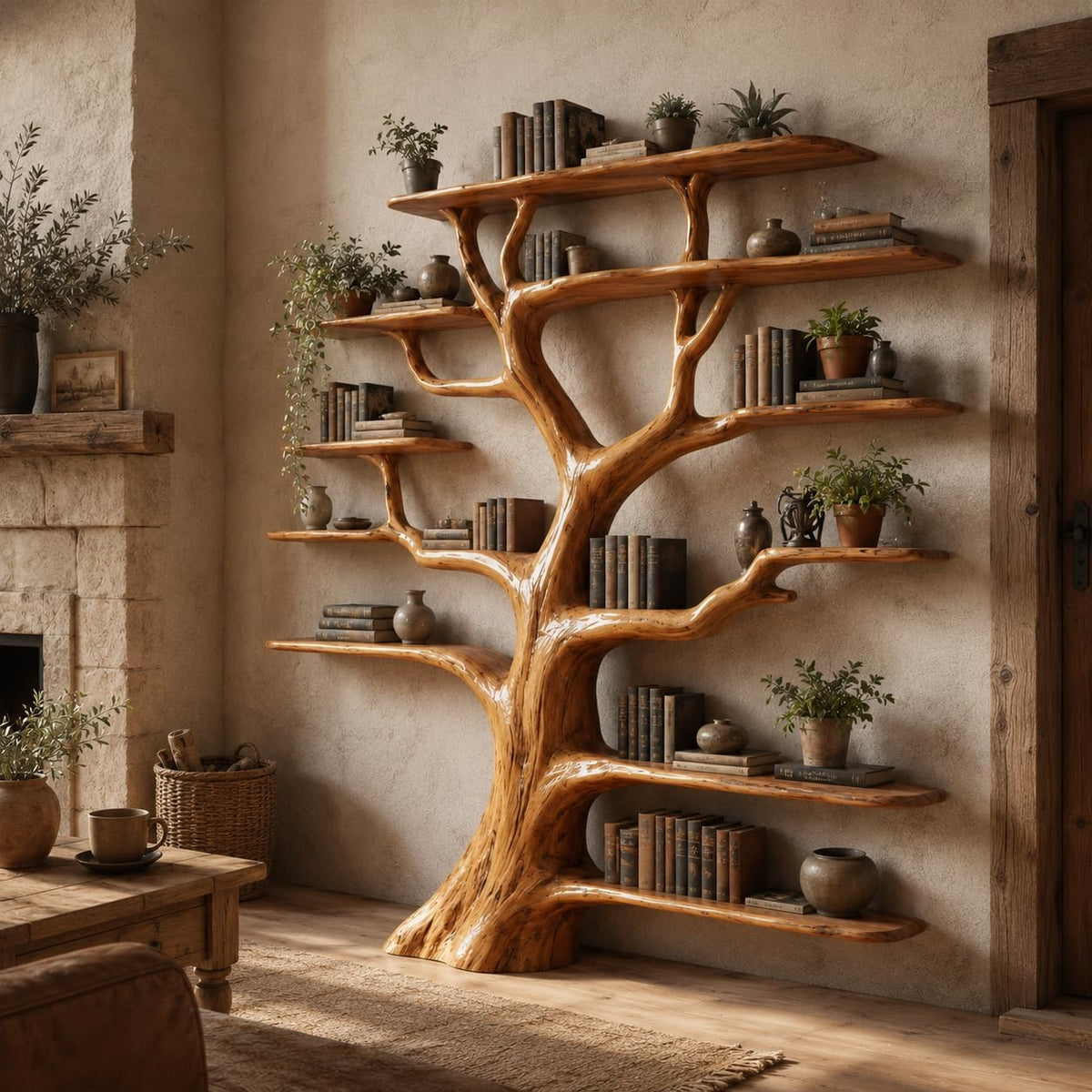 Luxury Live Edge Natural Wood Tree Branch Bookshelf