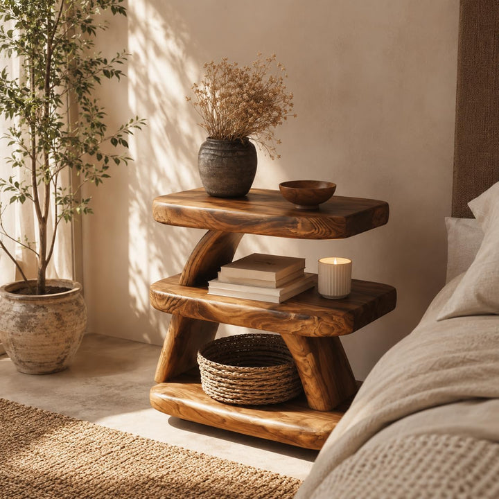 Rustic Solid Wood Nightstand - 3 Shelves