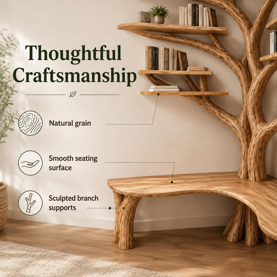 Handcrafted Live Edge Tree Branch Bookshelf with Bench