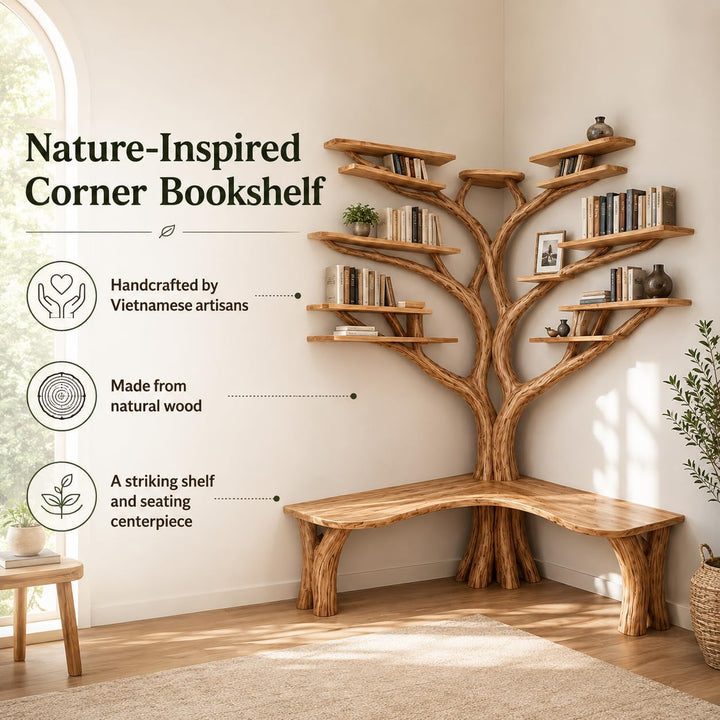Handcrafted Live Edge Tree Branch Bookshelf with Bench