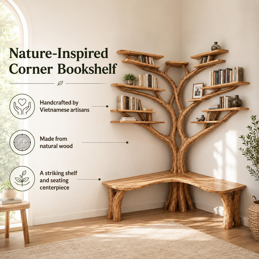 Handcrafted Live Edge Tree Branch Bookshelf with Bench