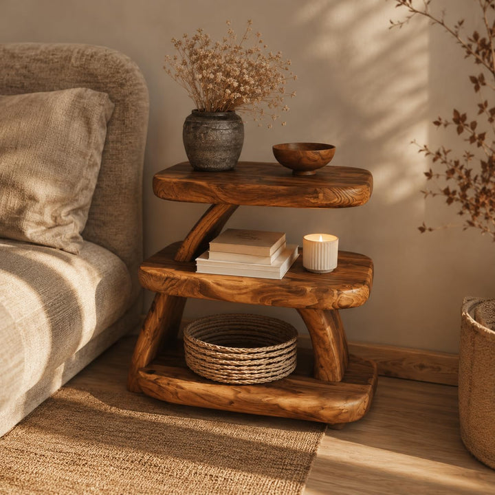 Rustic Solid Wood Nightstand - 3 Shelves