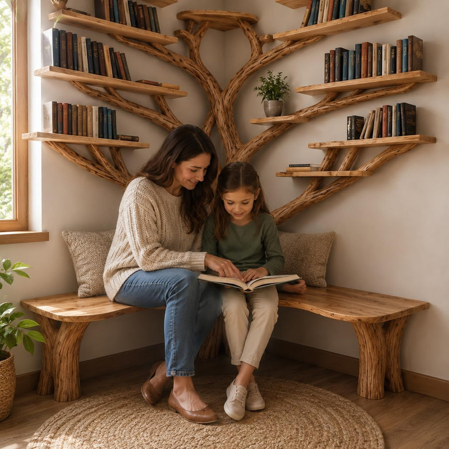 Handcrafted Live Edge Tree Branch Bookshelf with Bench