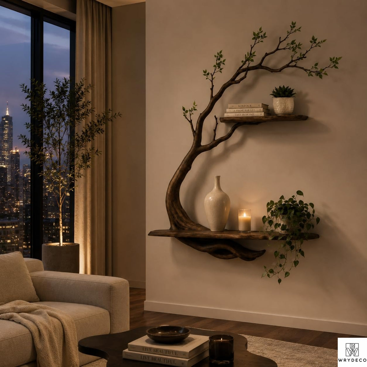 Handcrafted Tree Branch Floating Shelves – Unique Natural Wood Wall Shelf Set, Sculptural Art Display Bookcase for Living Room, Study, Bedroom & Home Library (2 Level Shelves) (C1)