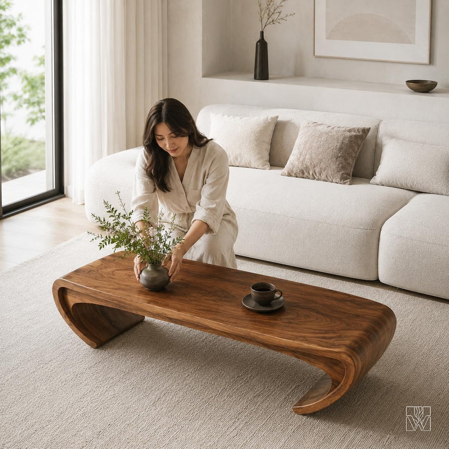 WAZARO Handcrafted Curved Oak Wood Coffee Table