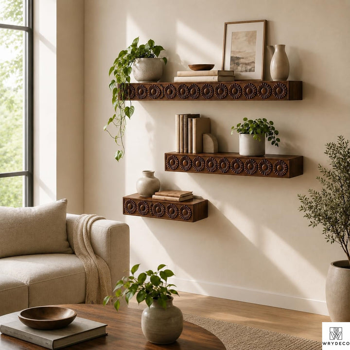 Wall-Mounted Fluted Wood Display Shelf for Home Decor - View 1. Textured Floating Wall Display Add warmth, texture, and practical display space to your wall with a handmade-style floating shelf featuring layered scalloped trim, vertical fluted details, and customizable sizing. 01 Fluted Wood-Inspired Design Layered scalloped trim and vertical fluted detailing give the shelf a warm, dimensional appearance that adds texture and decorative character to the wall. 02 Custom Sizing for Your Space Custom sizing...