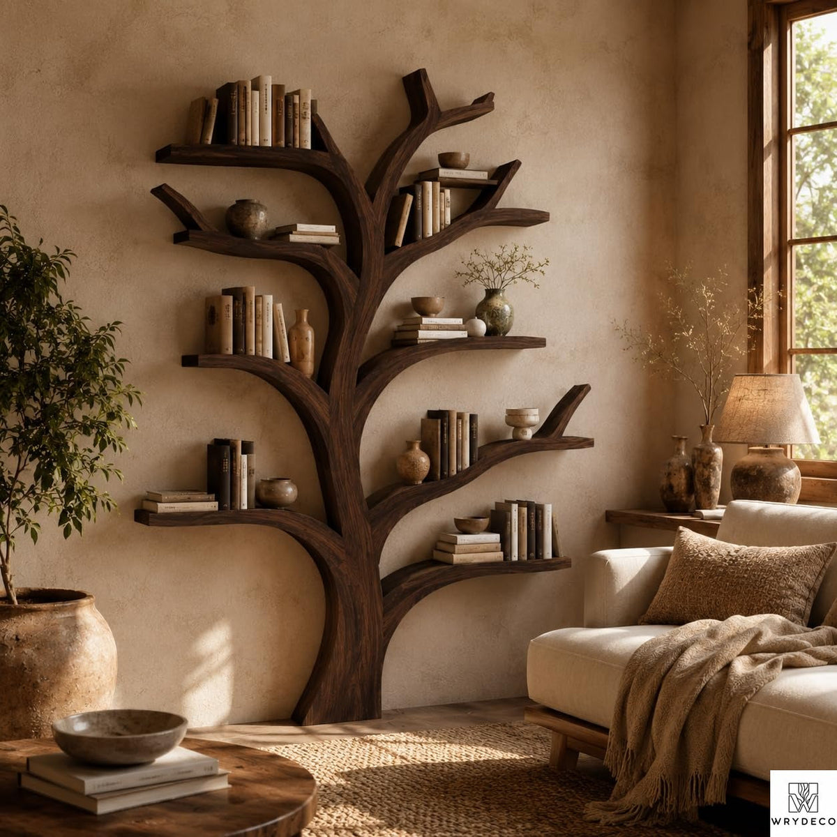 PREAUREUM Large Wood Tree-Shaped Bookcase - Rustic Tree Bookshelf