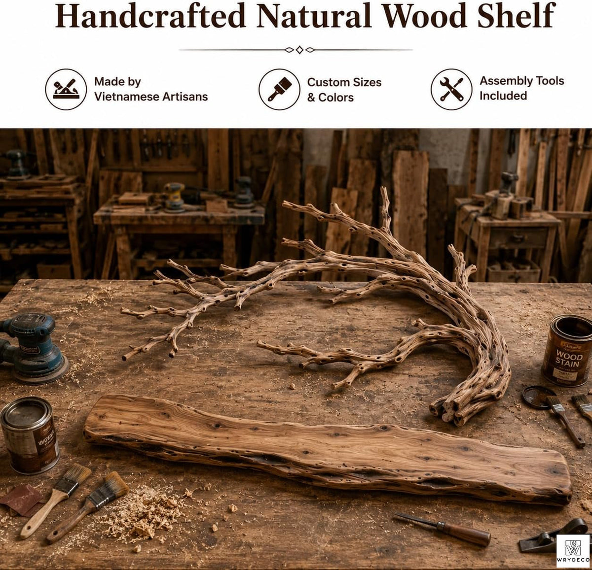 Handcrafted Tree Branch Floating Wood Shelf C02