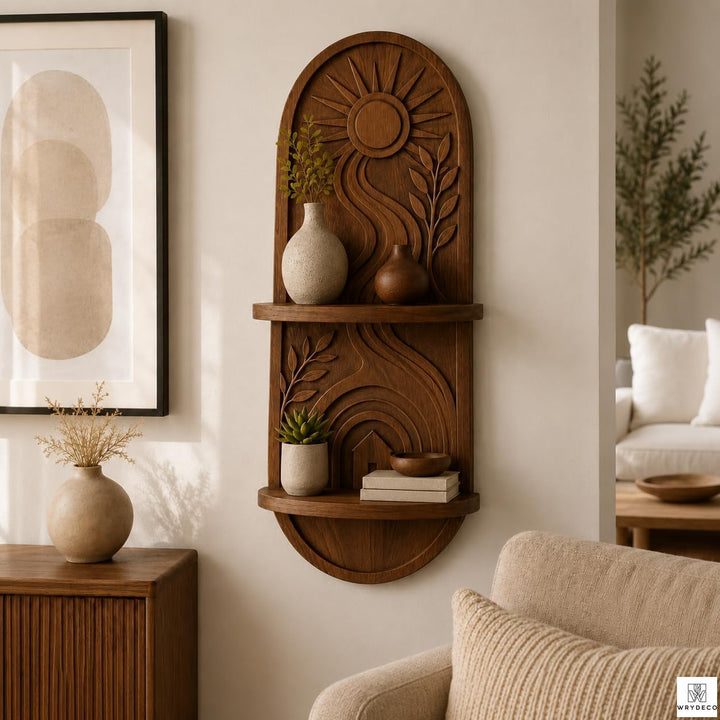 Solid Wood Arched Floating Two Tier Wall Shelf Option 1