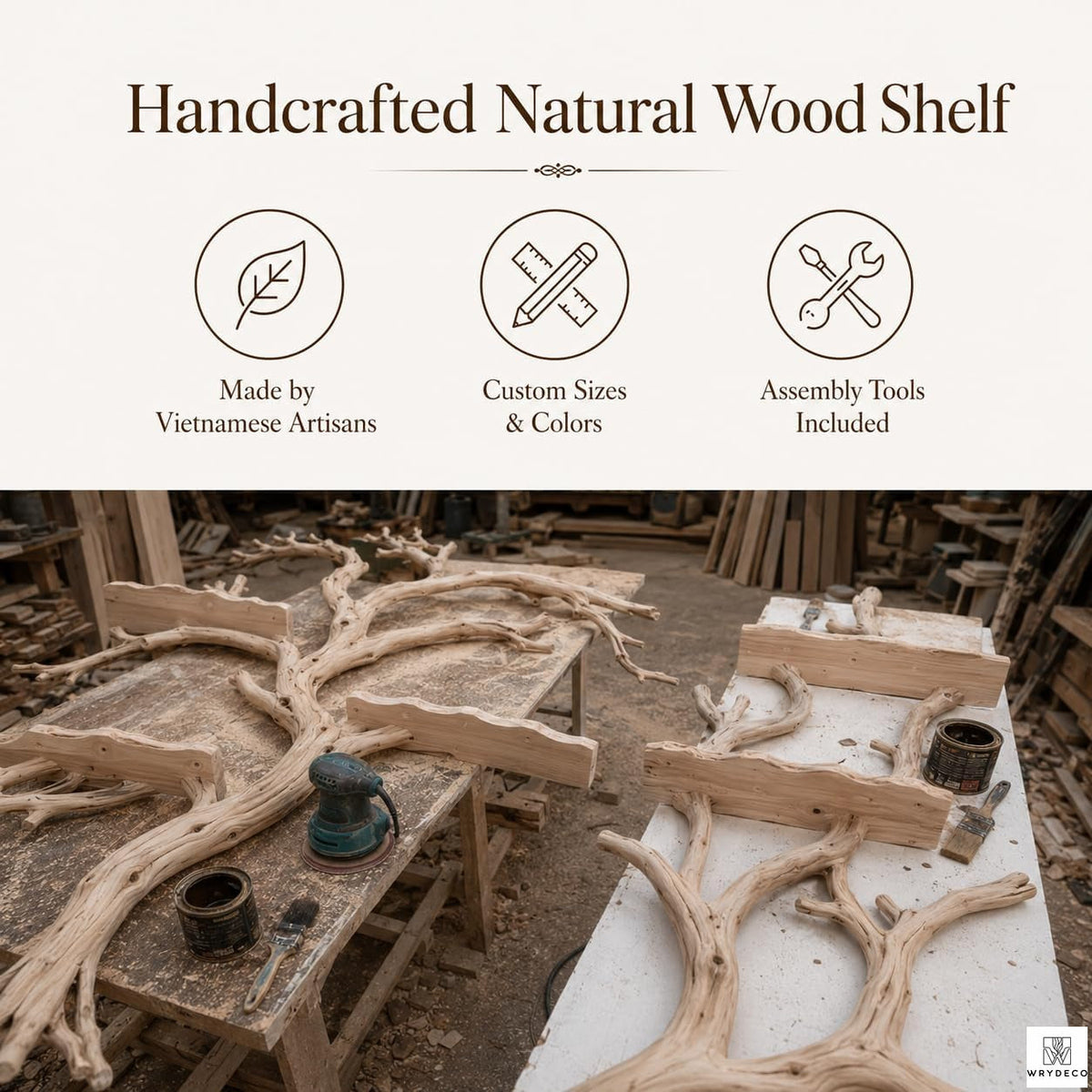 Handcrafted Tree Branch 3-Level Floating Wood Shelf C2