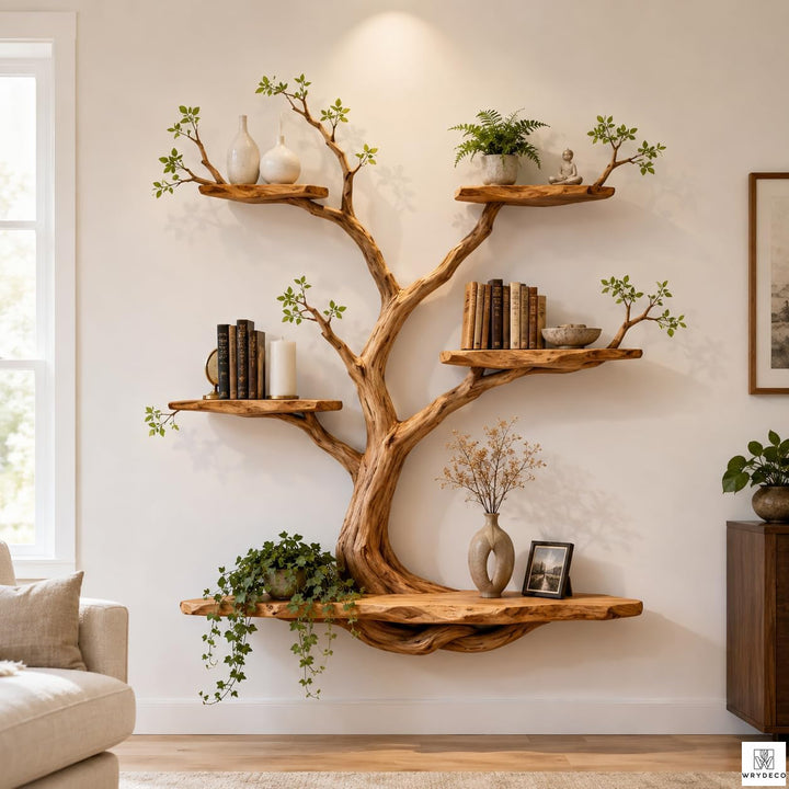 Natural Wood Tree Branch Floating Shelf, Three Levels
