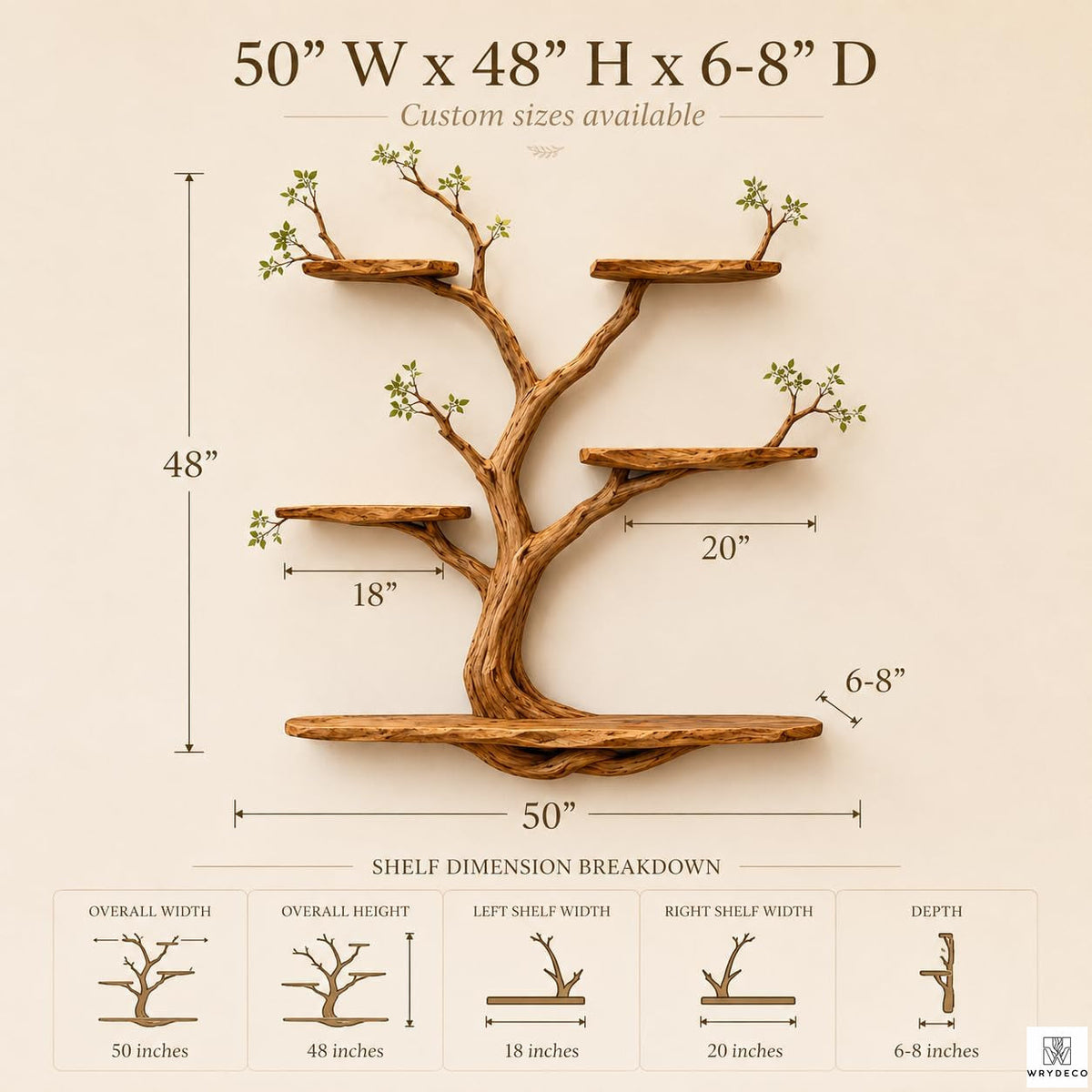 Natural Wood Tree Branch Floating Shelf, Three Levels