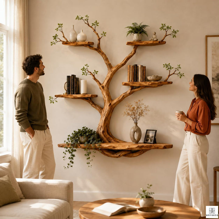 Natural Wood Tree Branch Floating Shelf, Three Levels