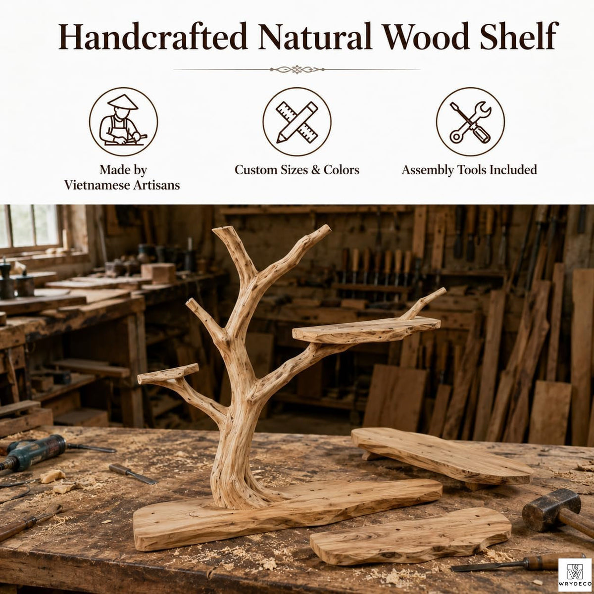 Natural Wood Tree Branch Floating Shelf, Three Levels