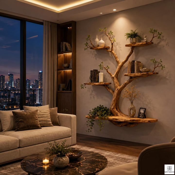 Natural Wood Tree Branch Floating Shelf, Three Levels
