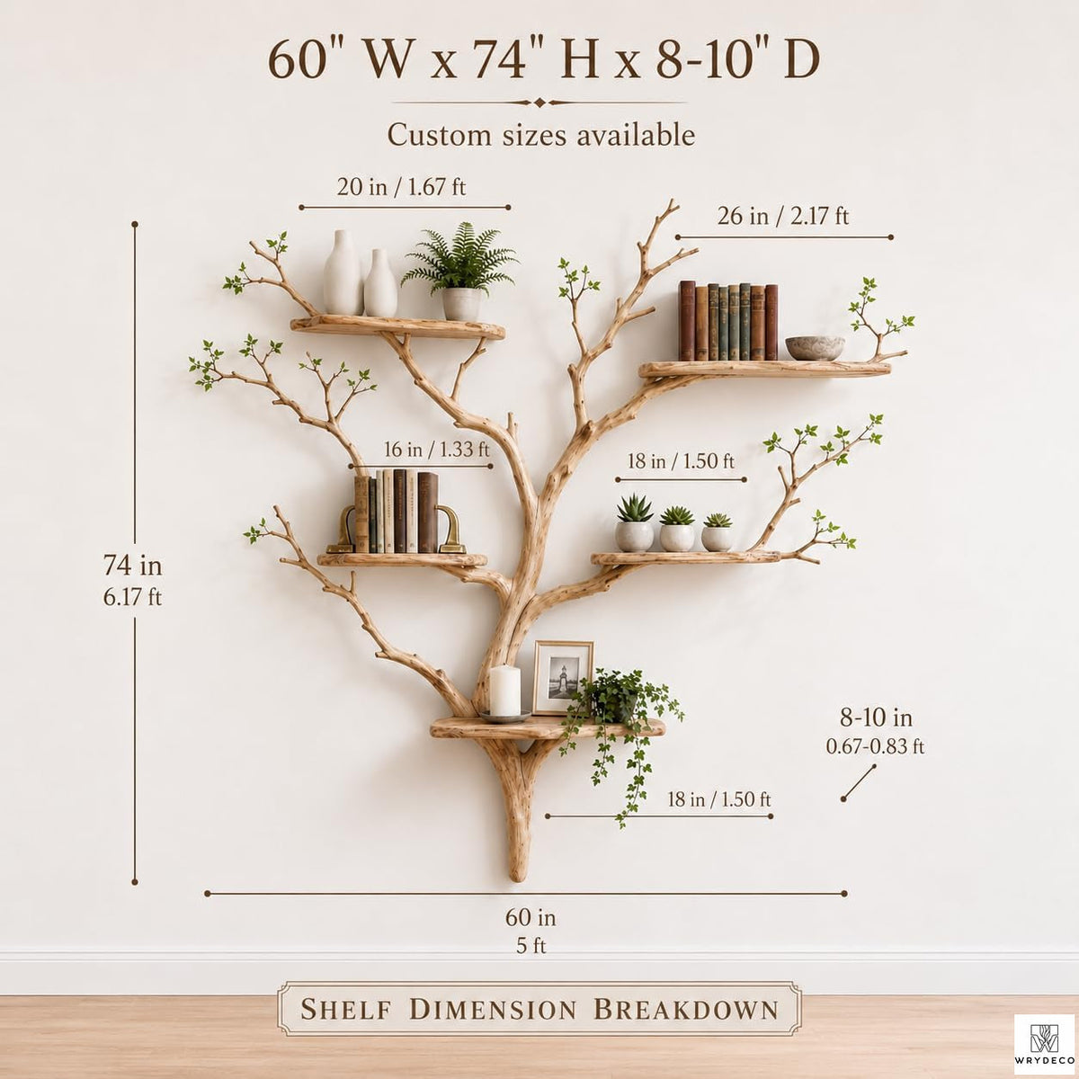 Handcrafted Tree Branch 3-Level Floating Wood Shelf C5