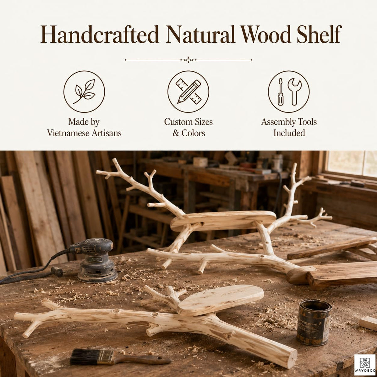 Handcrafted Tree Branch 3-Level Floating Wood Shelf C5