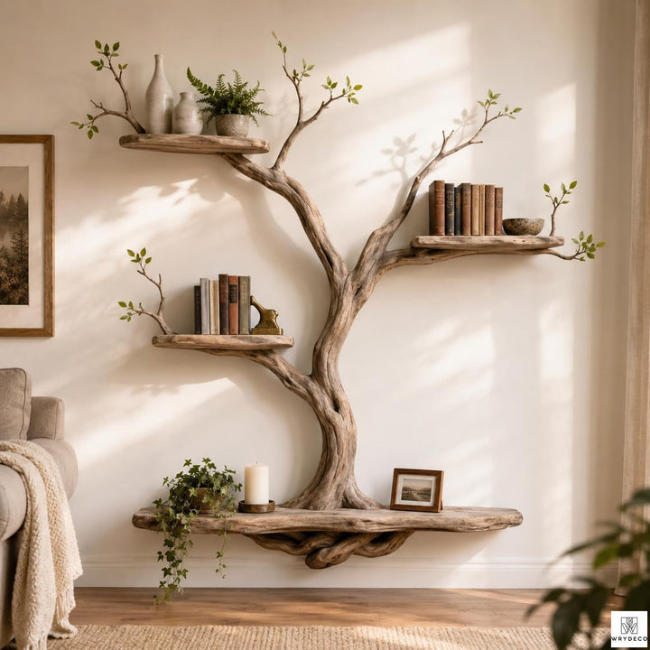 Handcrafted Tree Branch Floating Shelf, Three Levels