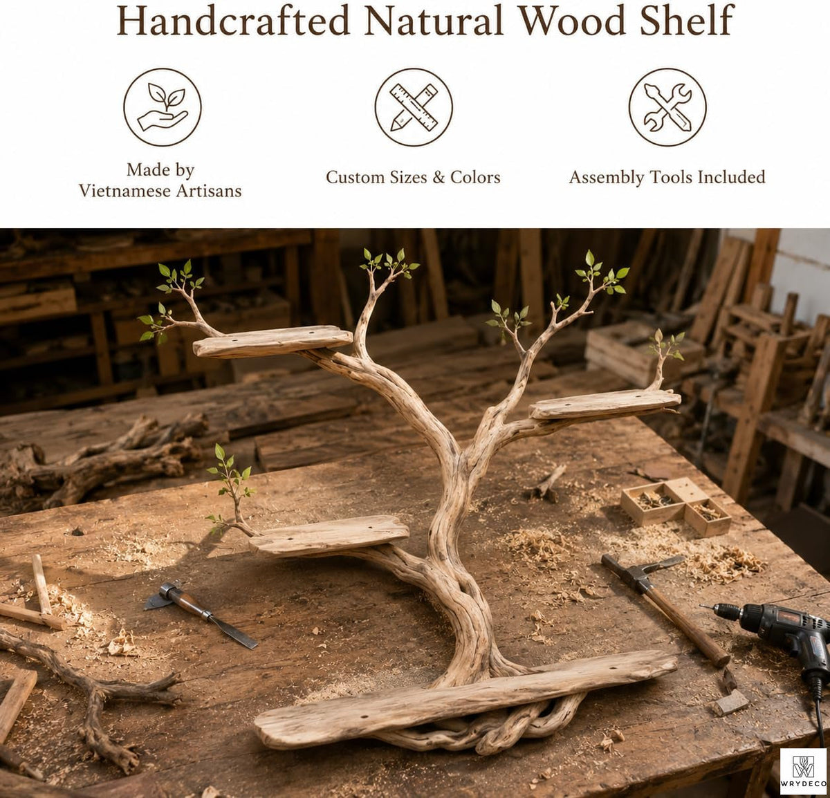 Handcrafted Tree Branch Floating Shelf, Three Levels