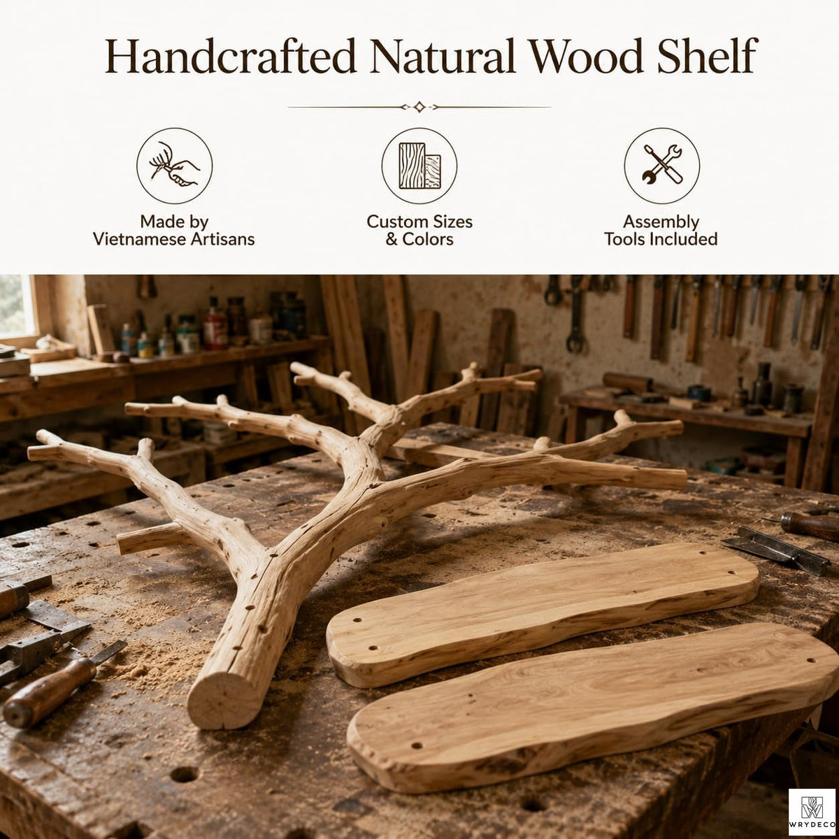 Handcrafted Tree Branch Floating Wood Wall Shelf C5