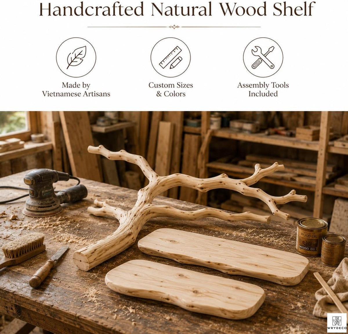 Handcrafted Tree Branch Floating Wood Wall Shelf C2