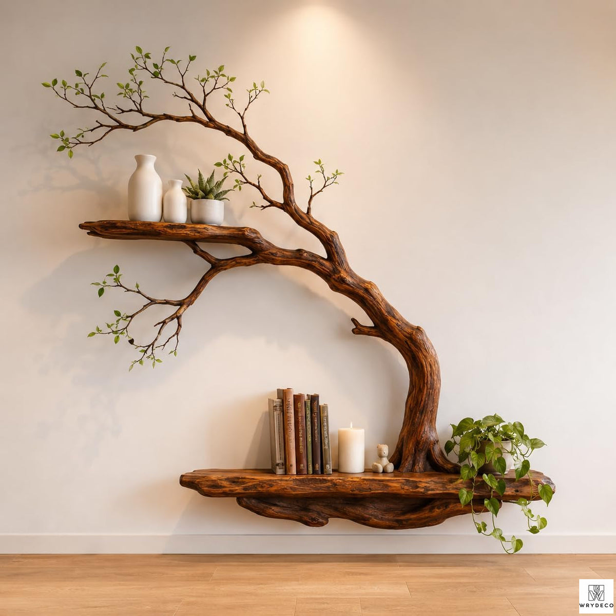 Handcrafted Tree Branch Floating Shelf Set, Two Levels