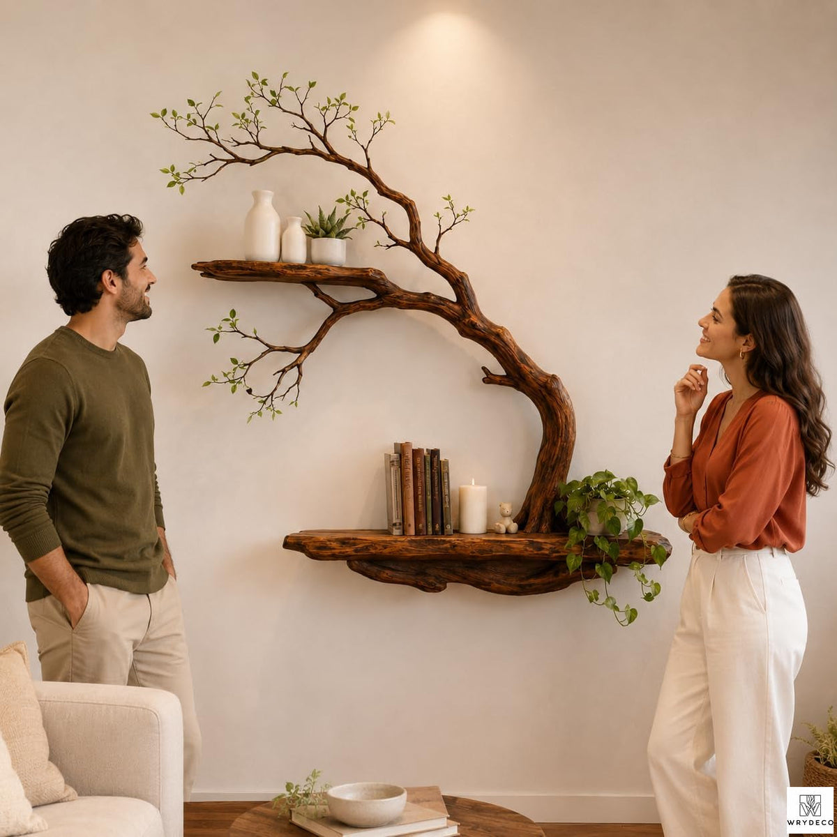 Handcrafted Tree Branch Floating Shelf Set, Two Levels