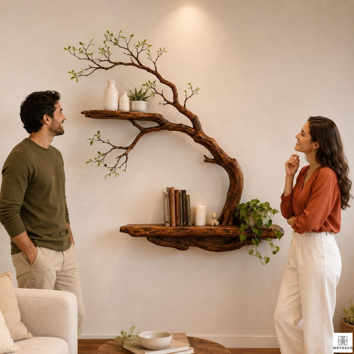 Handcrafted Tree Branch Floating Shelf Set, Two Levels