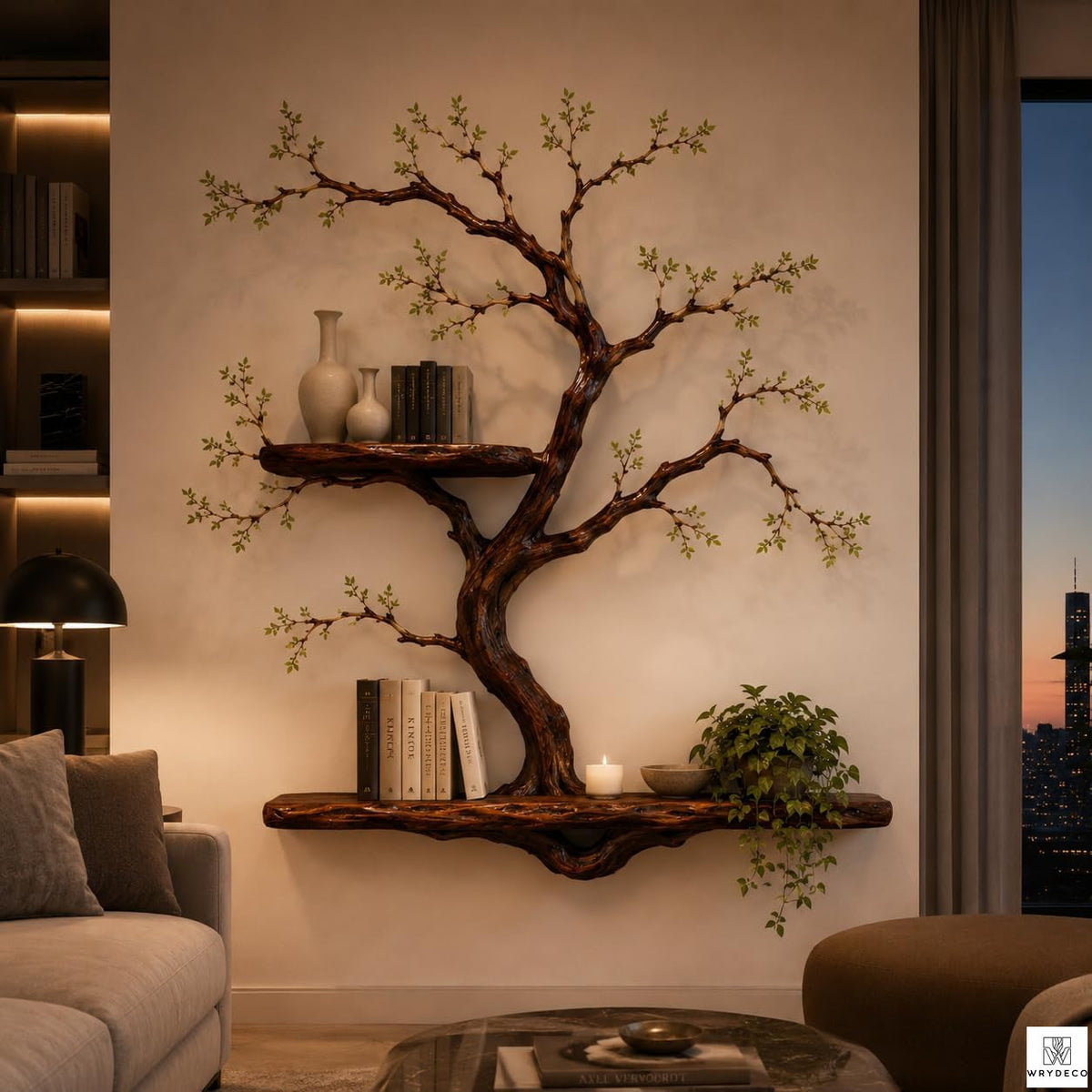 Handcrafted Tree Branch Floating Shelf Set, Two Levels