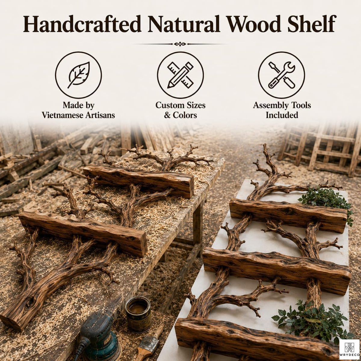 Handcrafted Tree Branch Floating Wood Wall Shelf Set