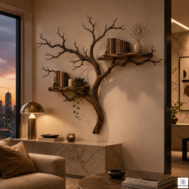 Handcrafted Tree Branch Floating Wood Wall Shelf Set
