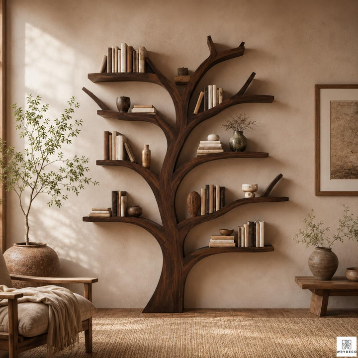 Large Wood Tree-Shaped Bookcase Rustic Branch Shelf