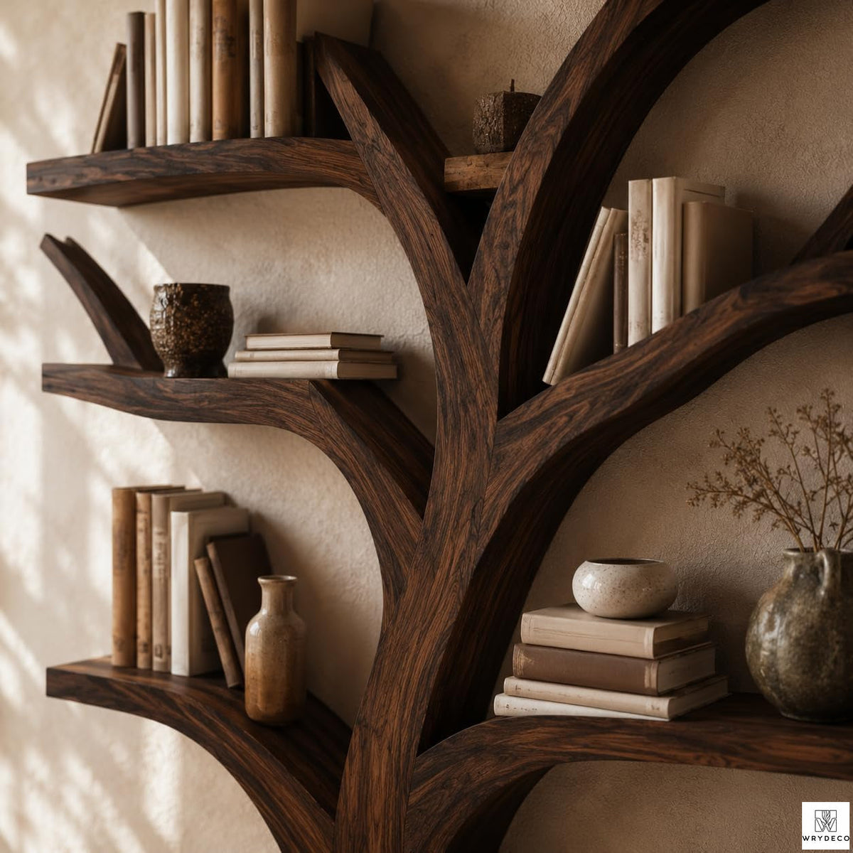 Large Wood Tree-Shaped Bookcase Rustic Branch Shelf