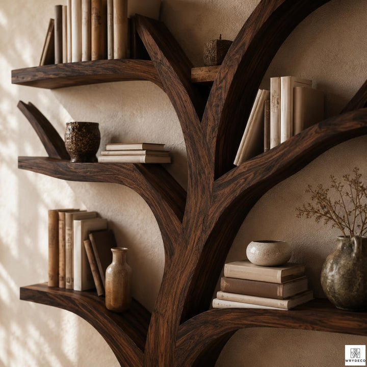 Large Wood Tree-Shaped Bookcase Rustic Branch Shelf