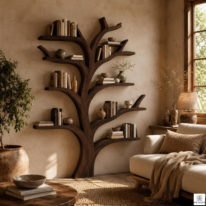 Large Wood Tree-Shaped Bookcase Rustic Branch Shelf