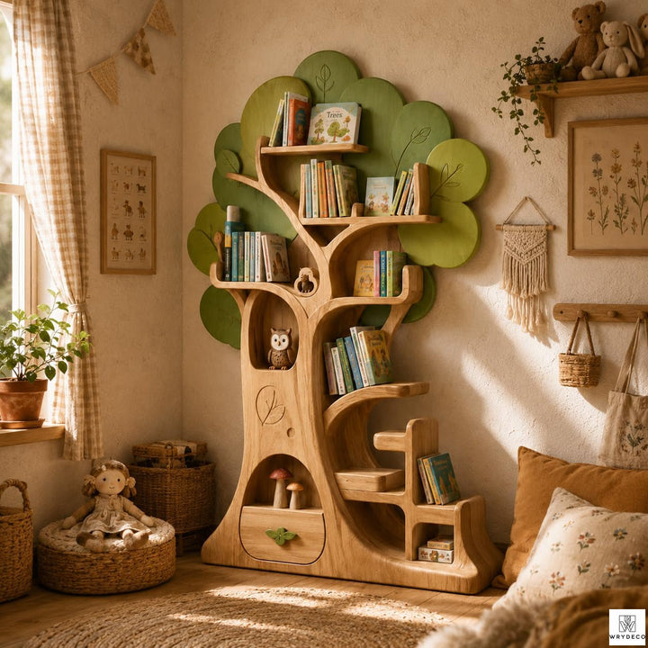 Handmade Wooden Tree Bookshelf for Kids Reading Spaces