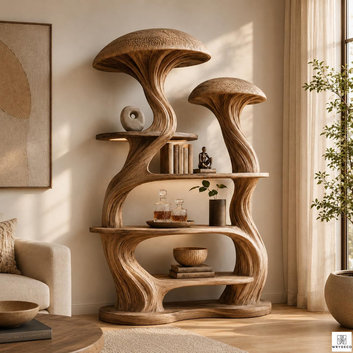 Wooden Mushroom Tree Bookshelf with Tiered Display Shelves