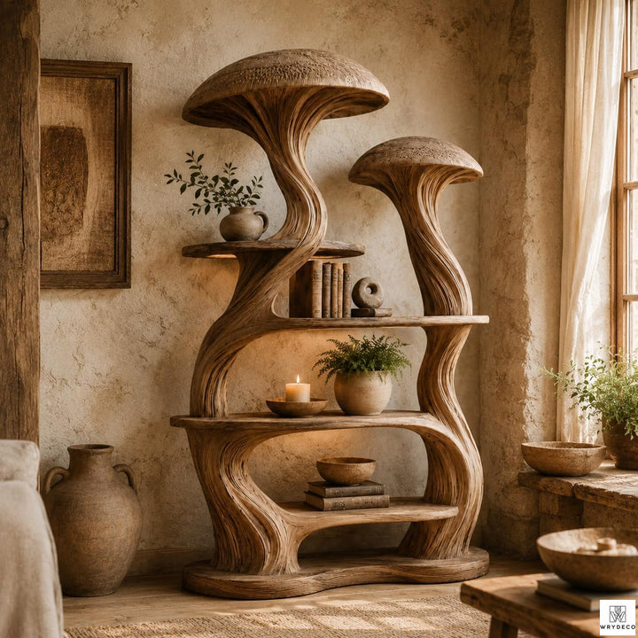 Wooden Mushroom Tree Bookshelf with Tiered Display Shelves