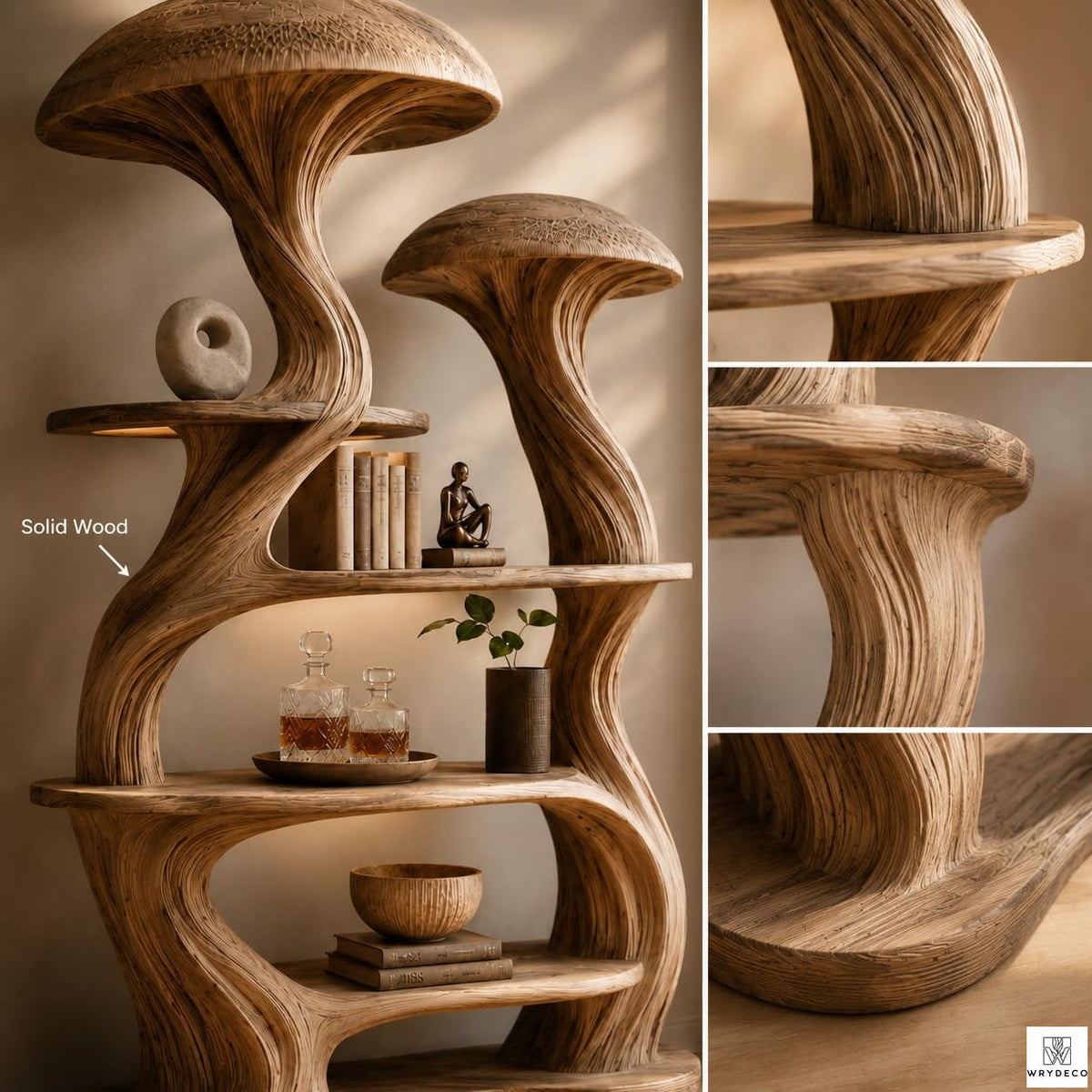 Wooden Mushroom Tree Bookshelf with Tiered Display Shelves