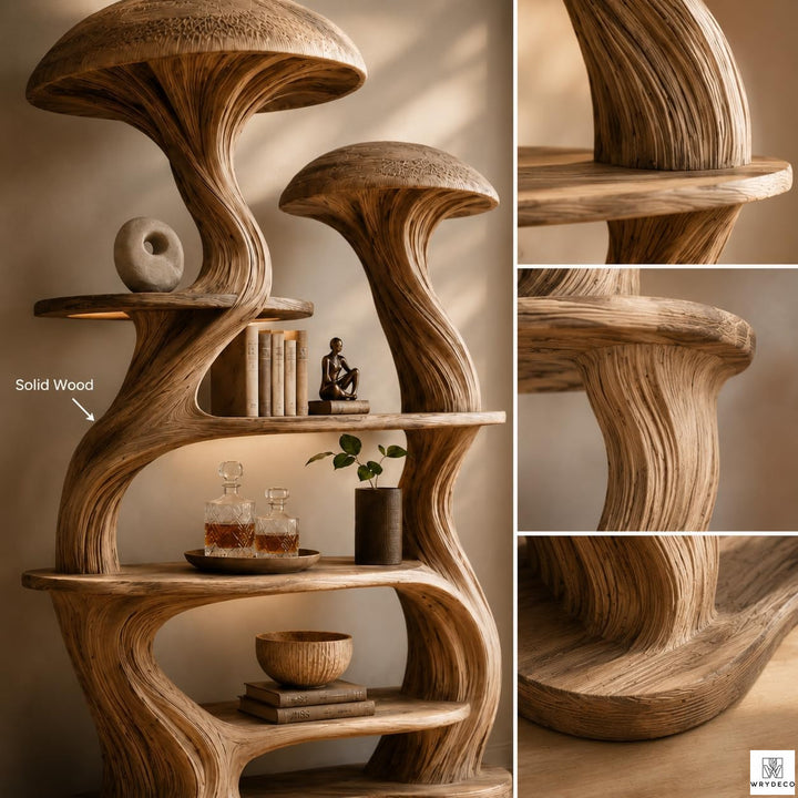 Wooden Mushroom Tree Bookshelf with Tiered Display Shelves
