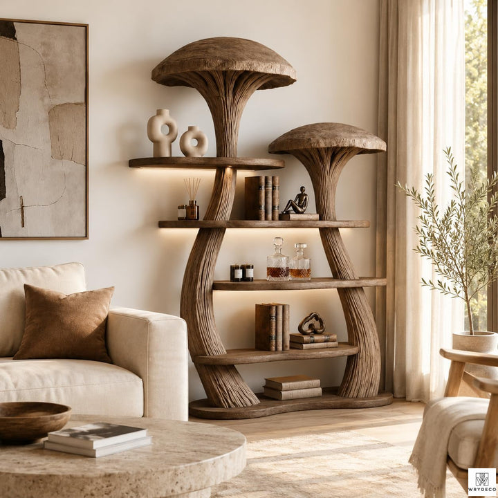 Mushroom Tree Bookshelf with Tiered Wooden Display Shelves
