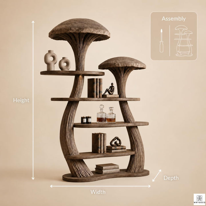 Mushroom Tree Bookshelf with Tiered Wooden Display Shelves