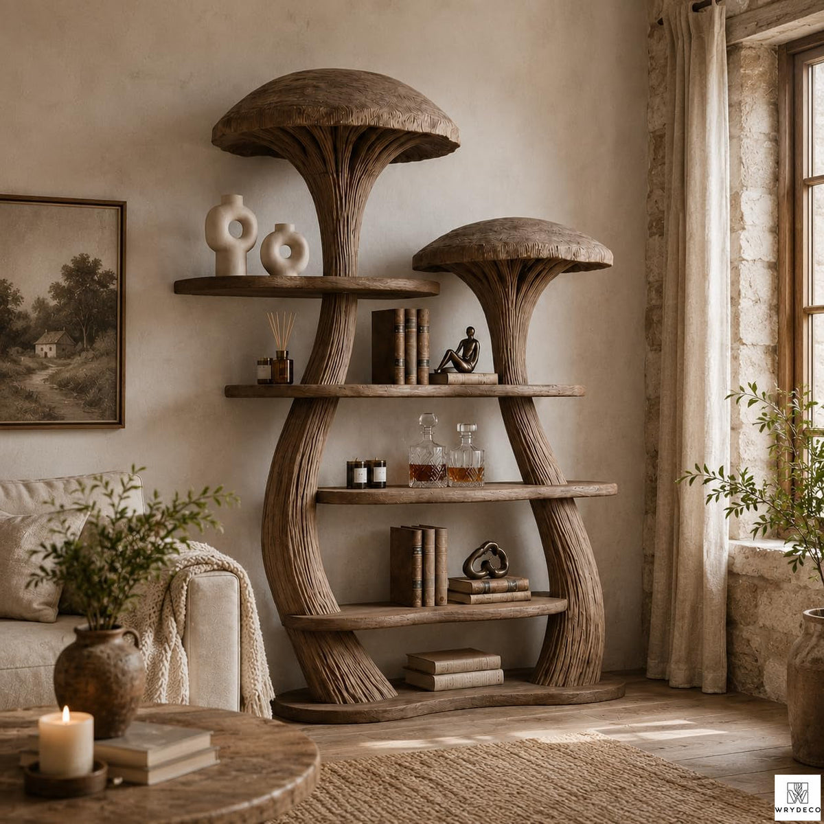 Mushroom Tree Bookshelf with Tiered Wooden Display Shelves