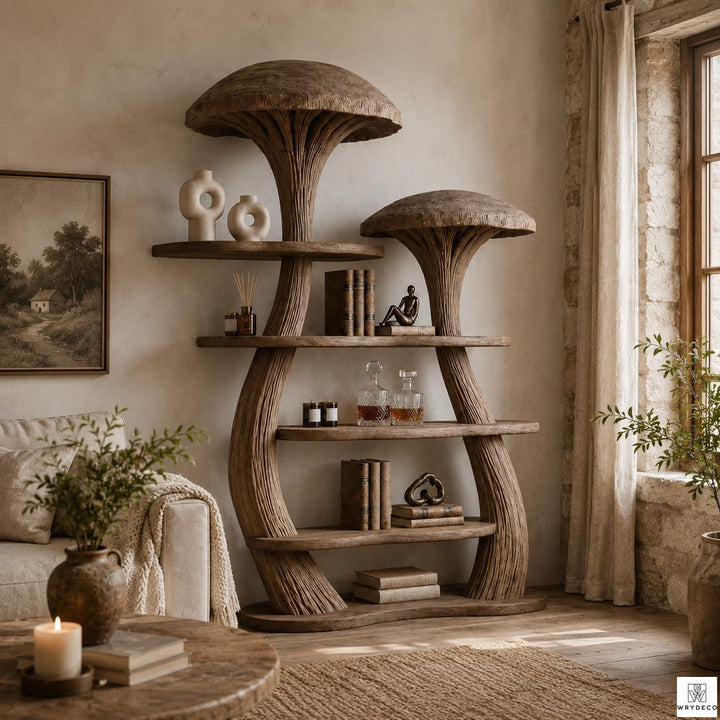 Mushroom Tree Bookshelf with Tiered Wooden Display Shelves