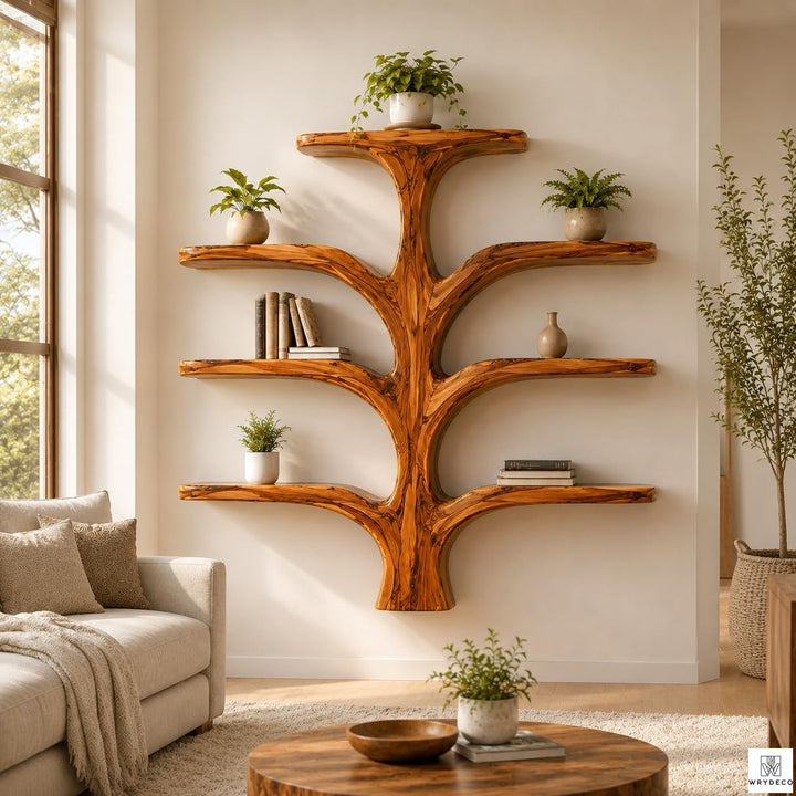 Contemporary Wooden Tree Branch Display Bookcase Shelf